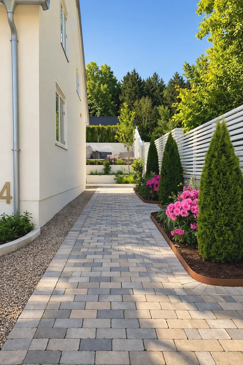 Stenlagd gång mellan ett vitt hus och ett staket med cypresser och rosa blommor