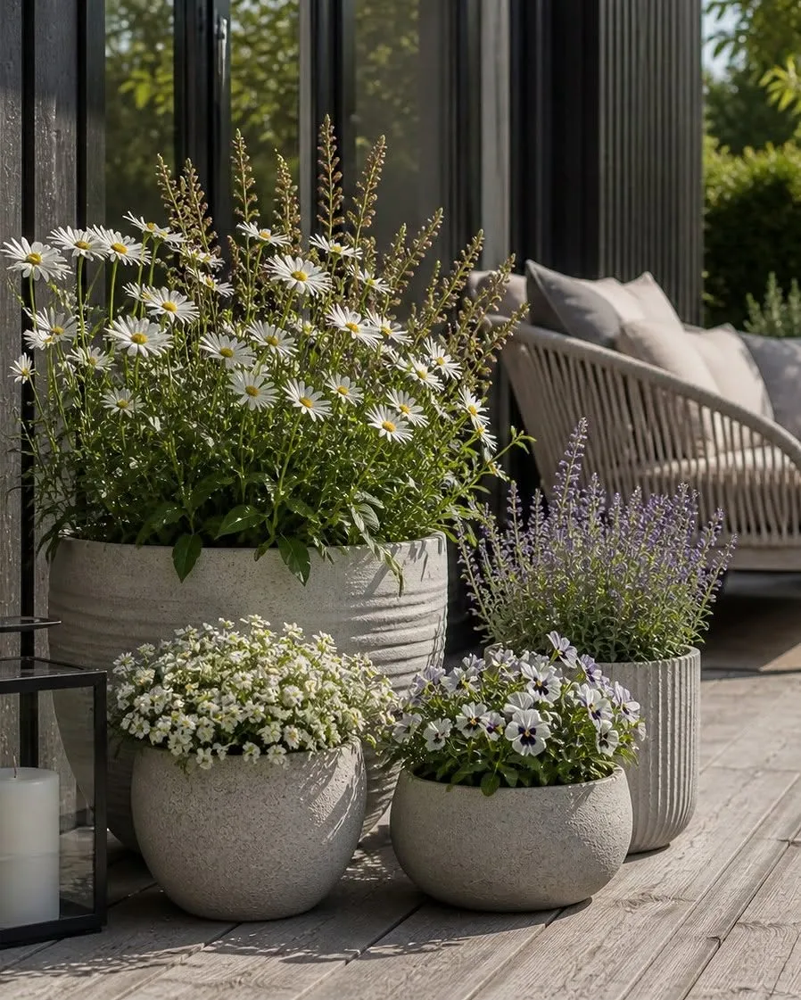 Planteringskrukor med vita och lila blommor på en altan