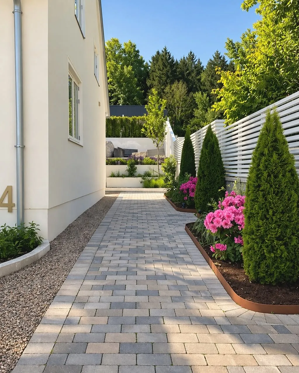 Stengång mellan hus och staket med nya rabatter
