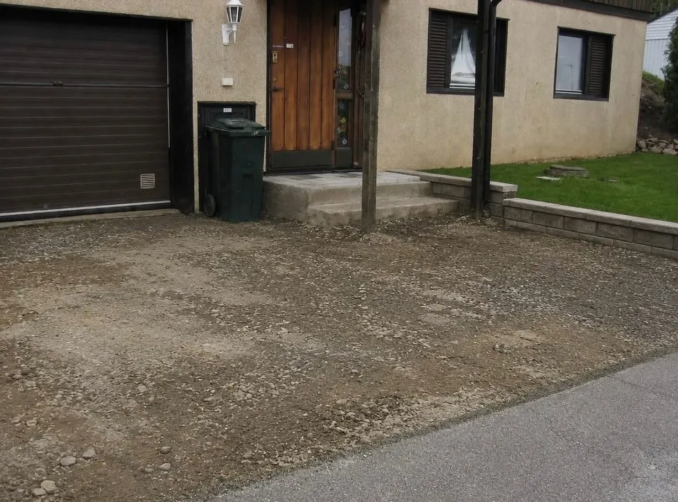 Grusad och ojämn yta framför ett garage innan stenläggning