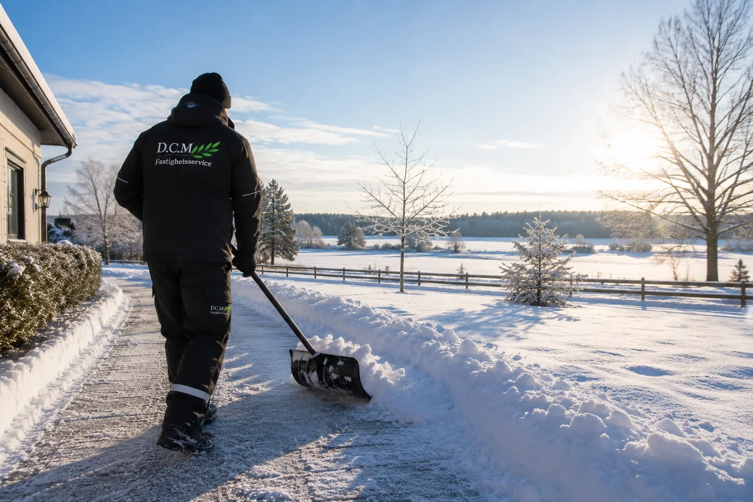 Medarbetare skottar snö på en gångväg