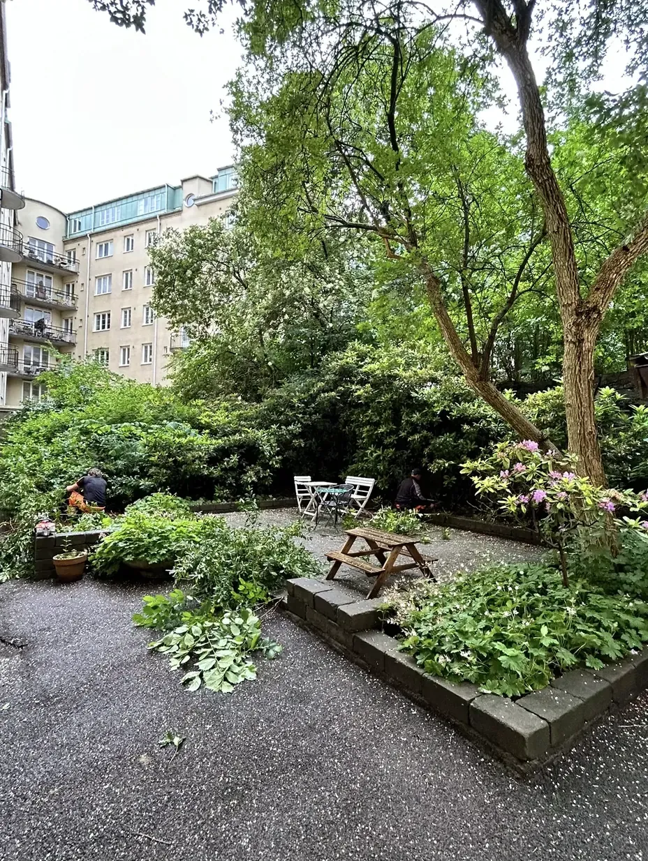 Innergård med sittplats, planteringar och träd
